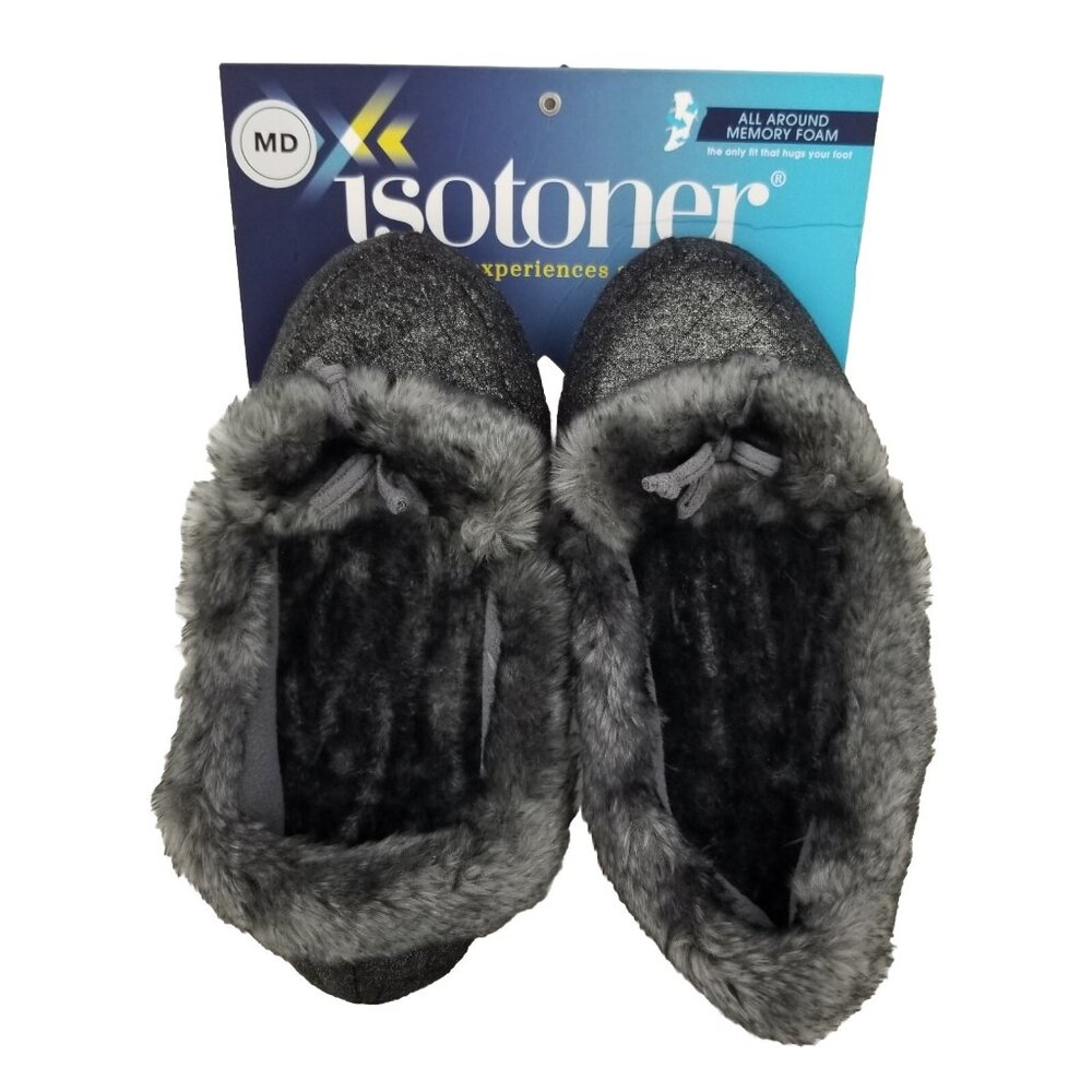 ✅Isotoner Women's Size M 6.5-7.5 Slip On Memory Foam Slippers W/Faux Fur Trim